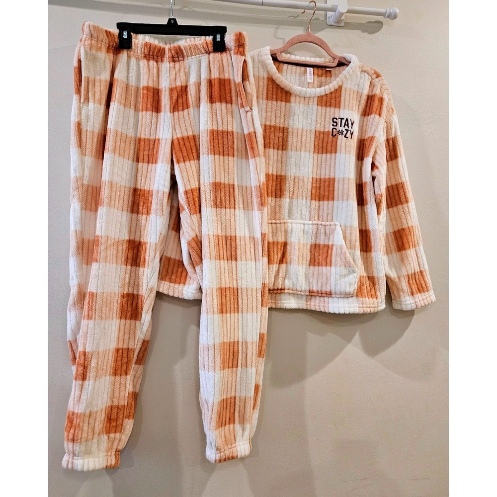 Joyspun Stay Cozy Orange White Plaid Fleece Pajama Set M 8-10 Ribbed Jogger PJs